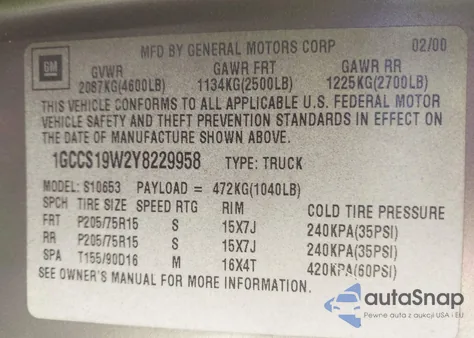 2000 Chevrolet S-10 Ls z USA, uszkodzony, nr VIN 1GCCS19W2Y8229958